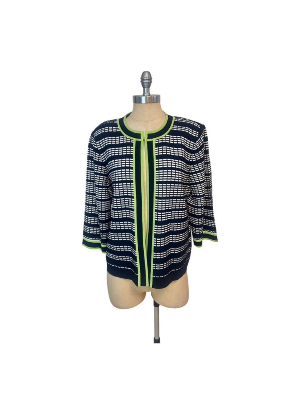 Ming Wang Womens Navy & White Acrylic Cardigan Jacket With Green Trim Large